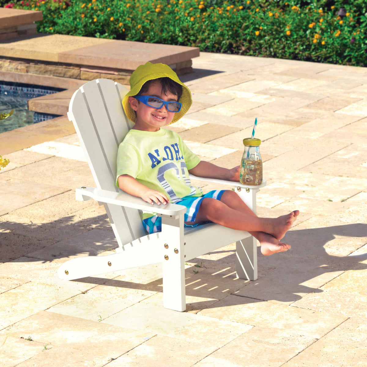 KidKraft Adirondack chair for kids, side view, durable weatherproof wood withstands rain and sun.