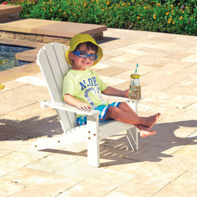 KidKraft Adirondack chair for kids, side view, durable weatherproof wood withstands rain and sun.