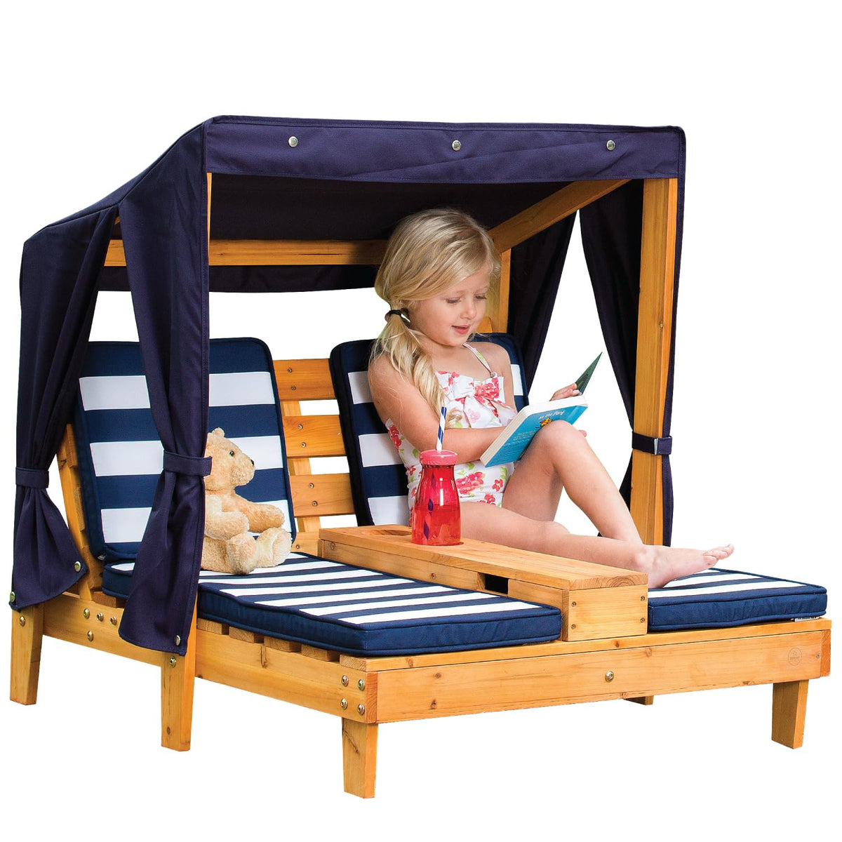 KidKraft double chaise lounge with canopy shading kids outdoors for sunny days
