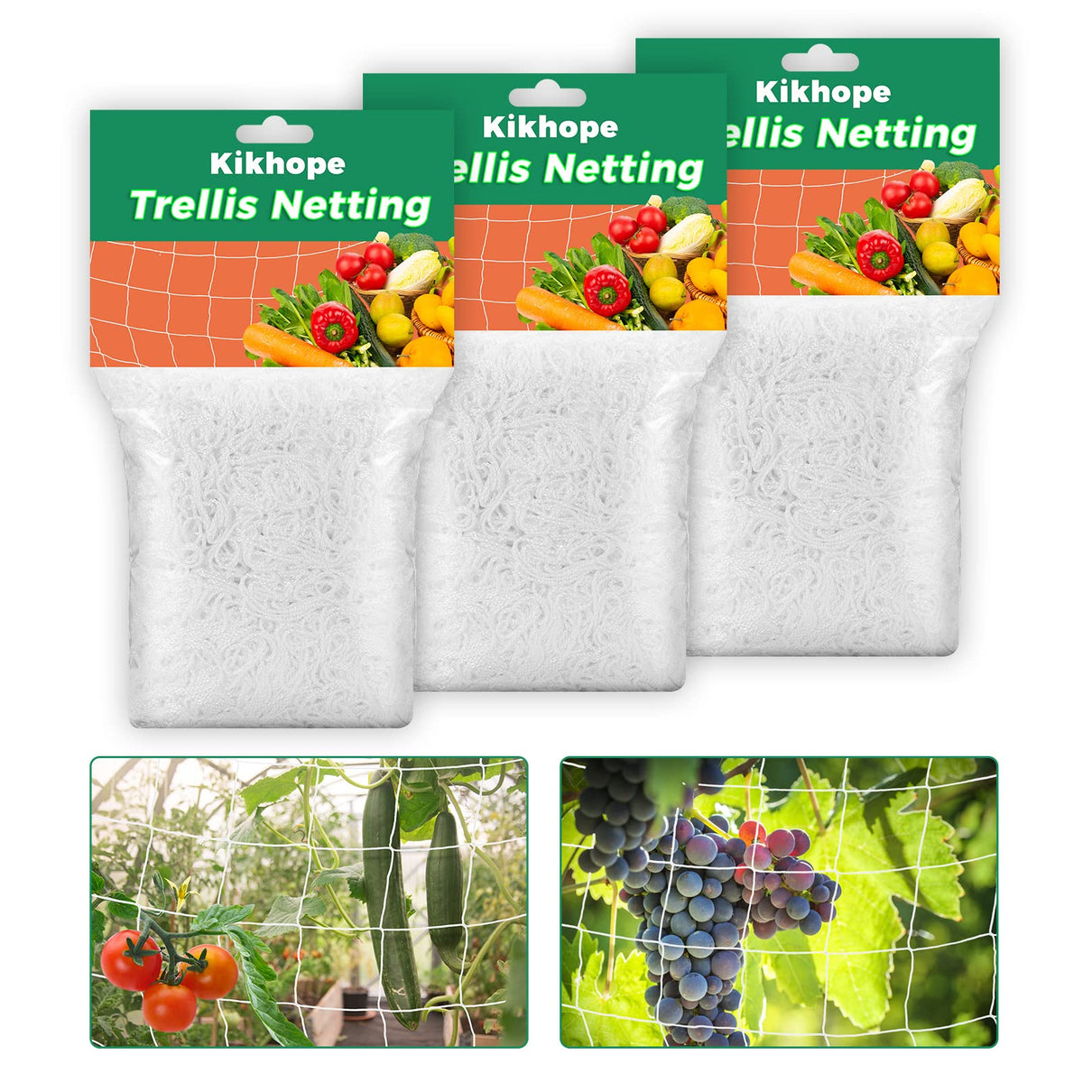 Kikhope trellis netting 5x15ft 3-pack assembly provides easy support for climbing plants.