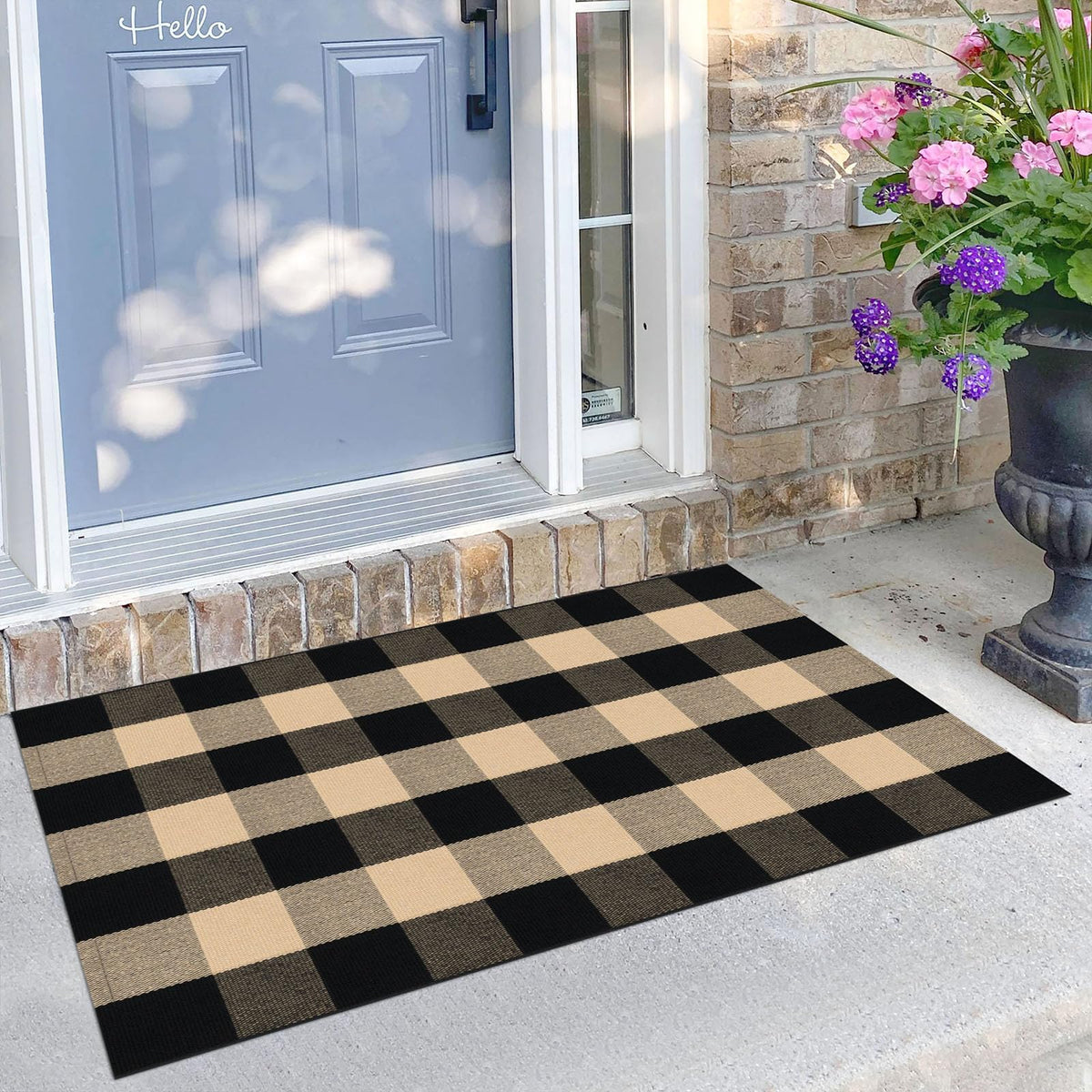 KILOCOCO buffalo plaid rug for front door mat with durable cotton blend.