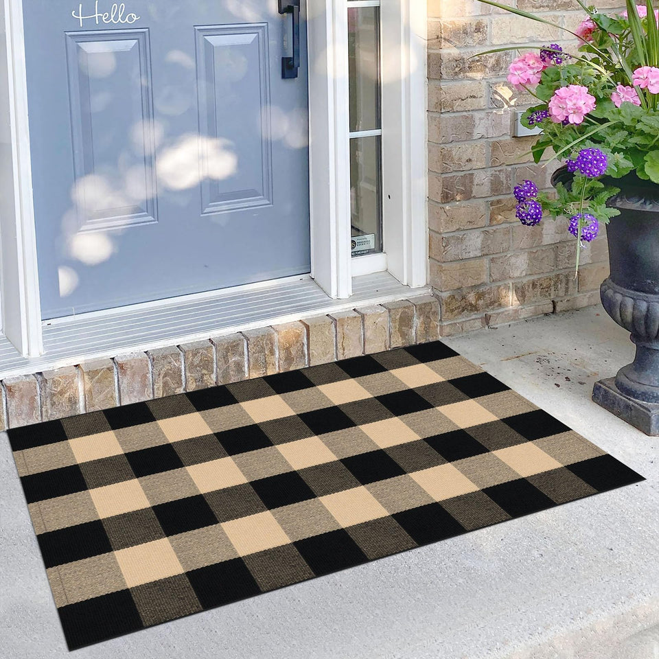 KILOCOCO buffalo plaid rug for front door mat with durable cotton blend.