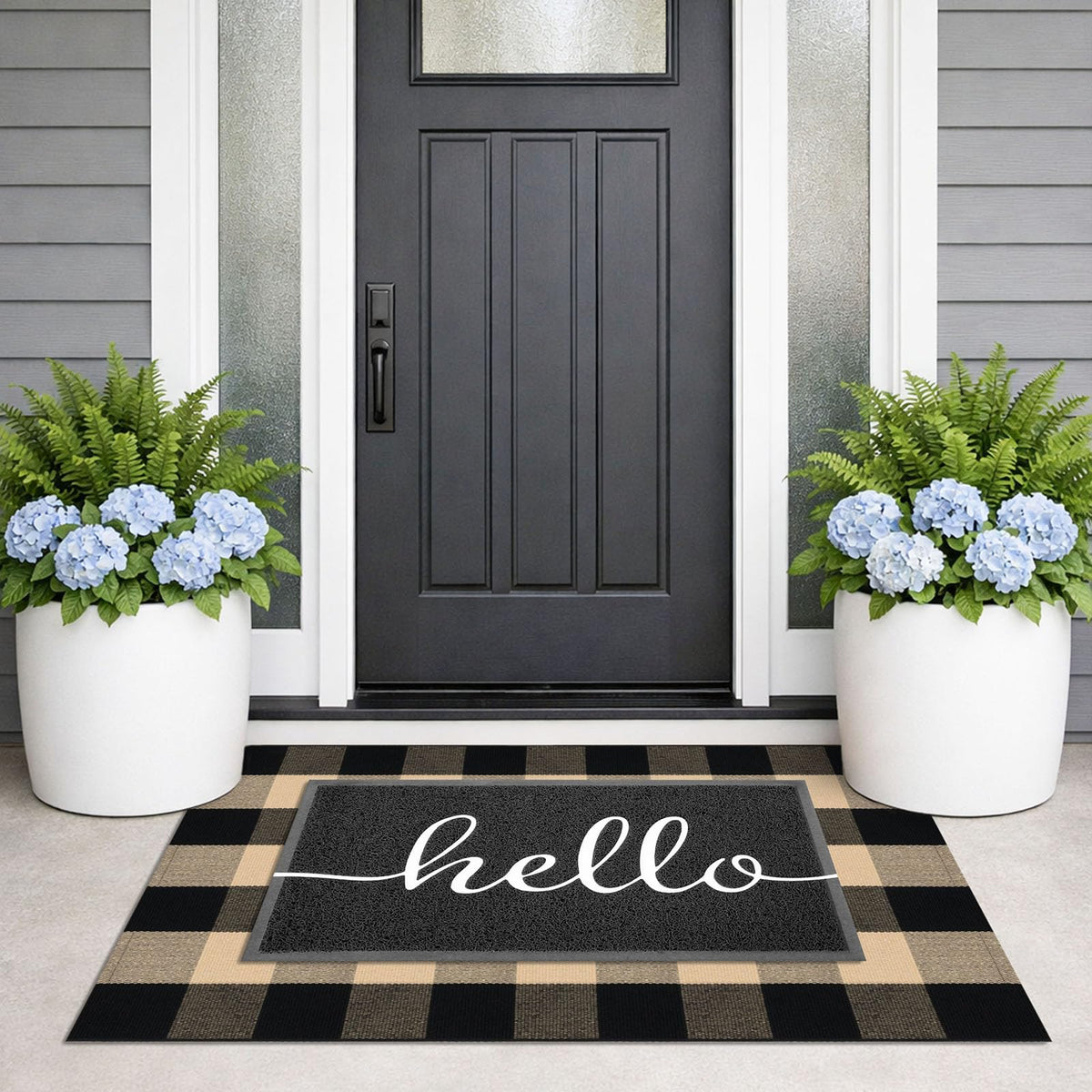 KILOCOCO checkered entryway rug in brown and black adds seasonal charm.