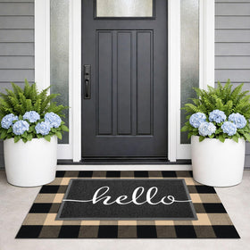 KILOCOCO checkered entryway rug in brown and black adds seasonal charm.