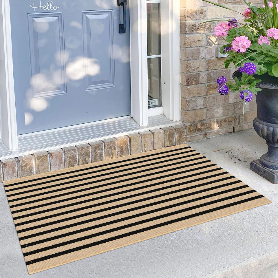 KILOCOCO striped rug front door mat in brown and black for busy entrances.