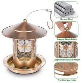 Kimerse metal bird feeder close-up dragonfly applique highlights craftsmanship and yard appeal.