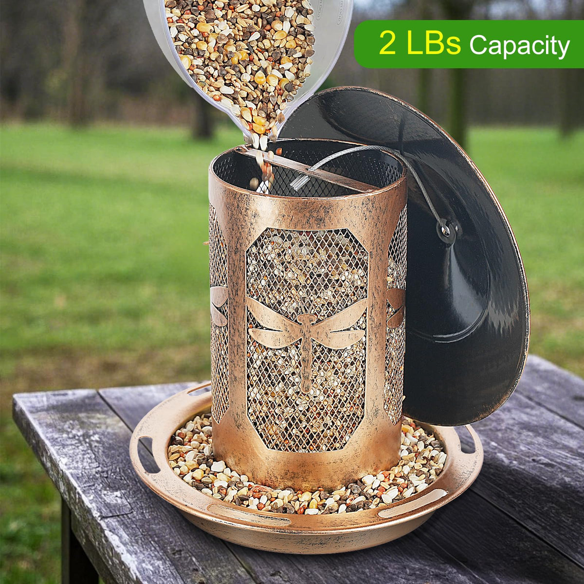 Kimerse screw-proof lid bird feeder ensures safe refilling without tools.