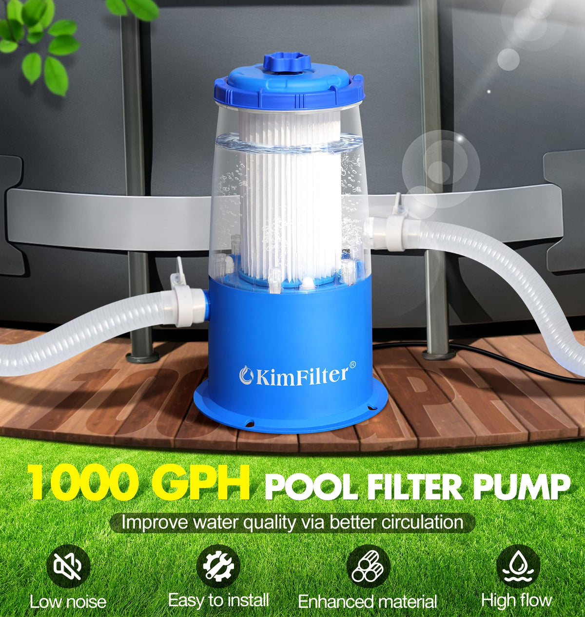 KimFilter 1000 GPH pump side view highlighting transparent casing