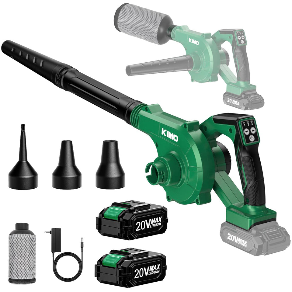 KIMO cordless blower front view showing strong airflow for quick yard cleanup.