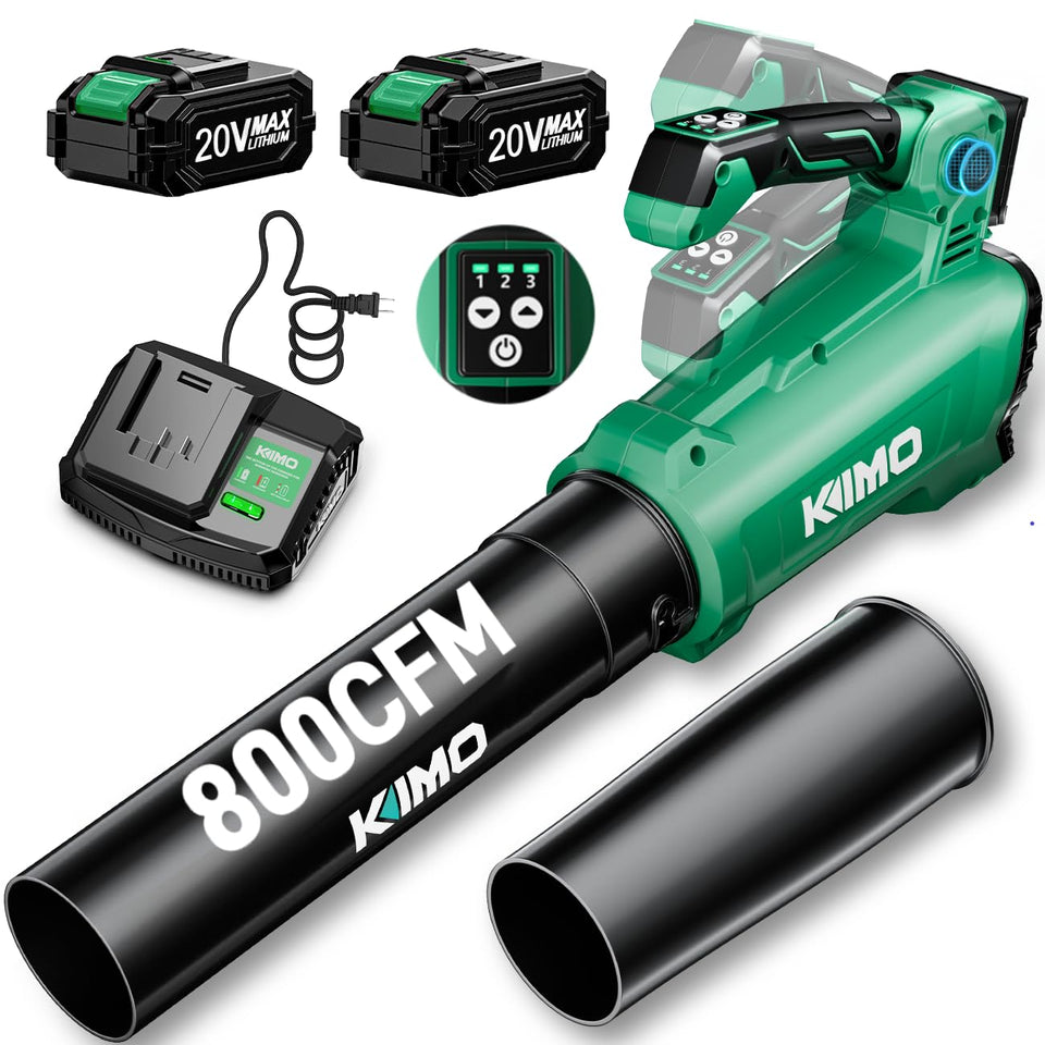 KIMO cordless leaf blower visual panel shows mode options for precise control