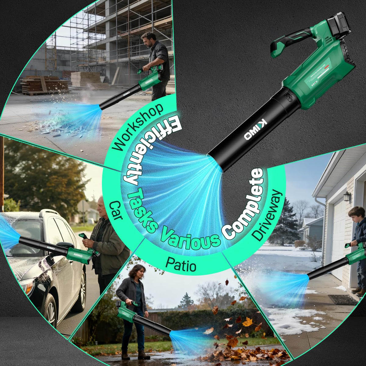 KIMO blower in various outdoor scenarios for yard and workshop cleanup