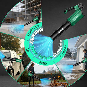 KIMO blower in various outdoor scenarios for yard and workshop cleanup