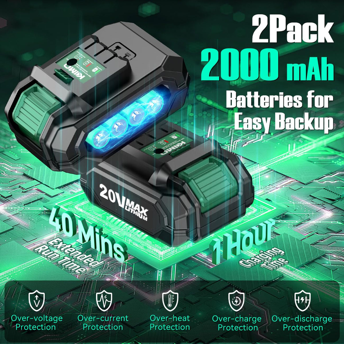 KIMO two-pack battery arrangement enabling extended runtime.