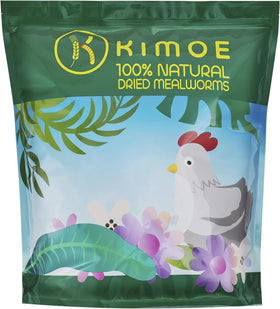 Kimoe dried mealworms bag close-up with resealable packaging preserves freshness.