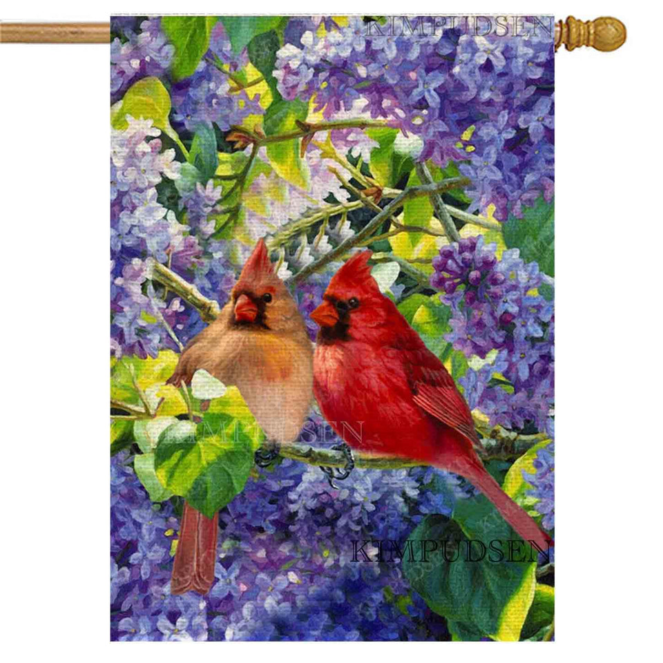 KIMPUDSEN Birds and Lilacs flag shows cardinals among lilacs in spring colors