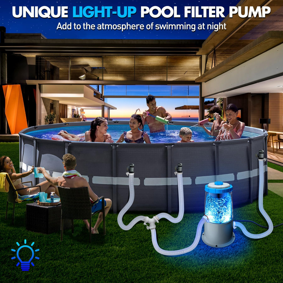 KimPump blue LED light enhances nighttime pool ambiance while filtering.