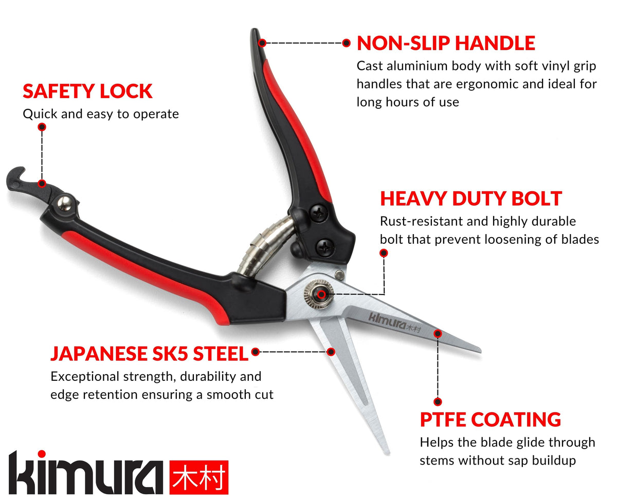 Kimura 8" Pro Pruning Scissors blade closeup showing sharp Japanese SK5 steel edge