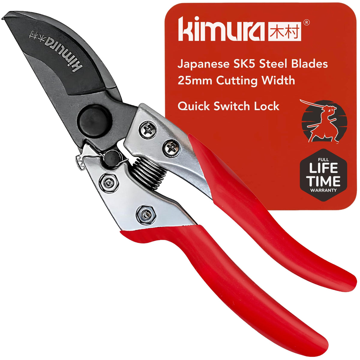 Kimura 8-Inch Pro Bypass Pruners blade close-up; sharp SK5 steel for lasting cuts