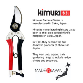 Kimura Samurai garden pruners with lifetime warranty for lasting support.