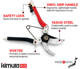 Kimura Samurai pruner ergonomic handle in use for comfortable pruning with reduced hand fatigue.