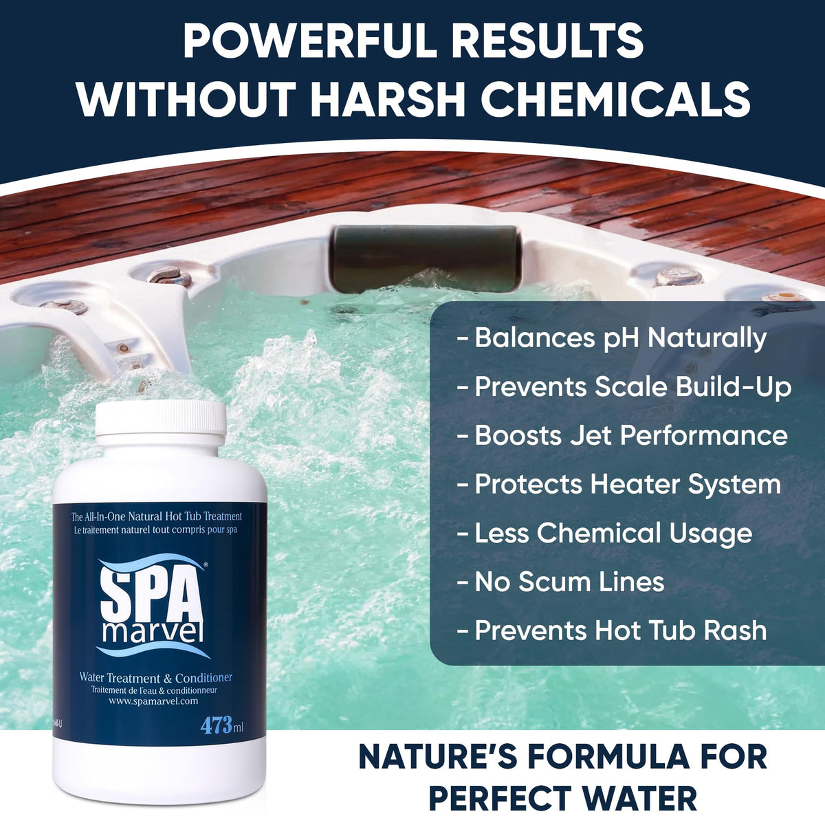 Kinara Spa Marvel works with chlorine, bromine, or salt to improve water care.
