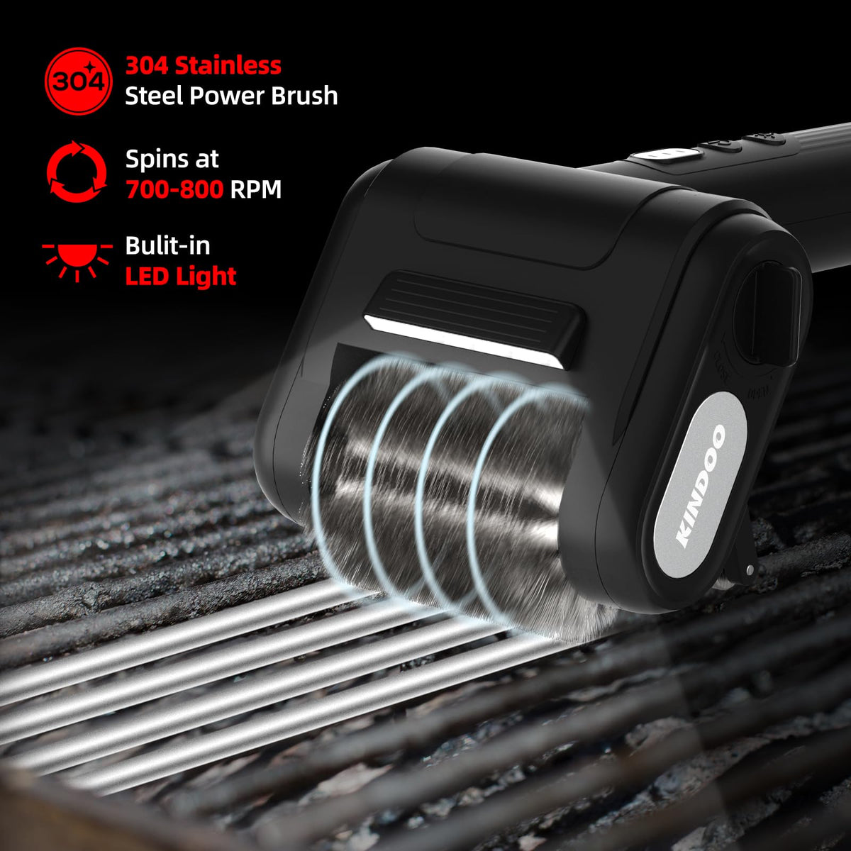 Kindoo electric grill brush ergonomic grip to reduce fatigue.
