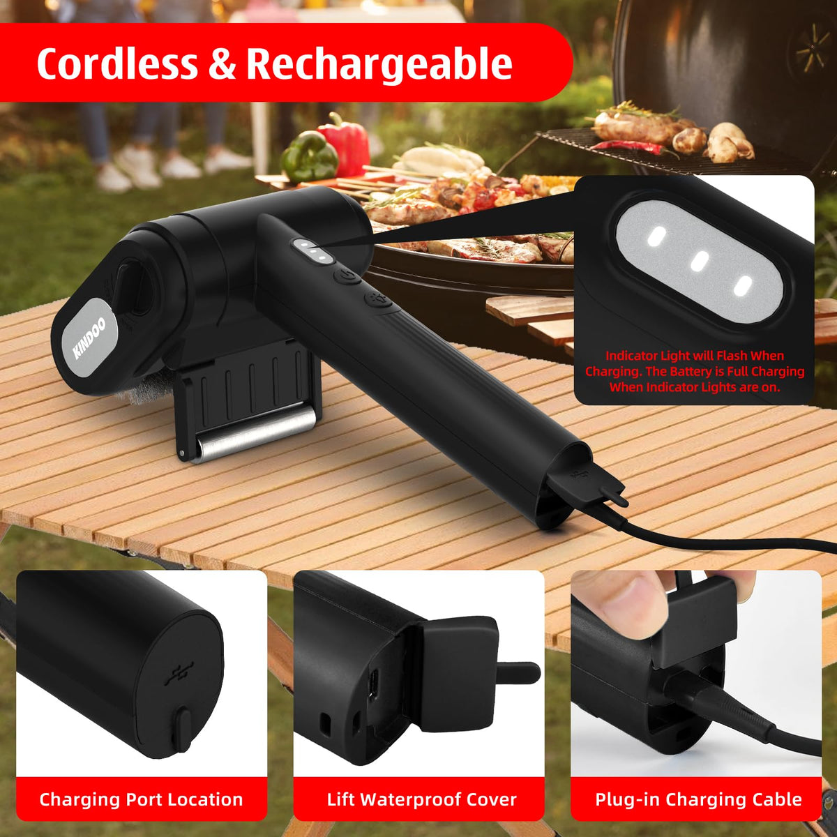 Kindoo electric grill brush heavy-duty construction tackles stubborn grime.