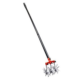 Kinedoo garden rotary cultivator with adjustable handle for easy soil turning and aeration.