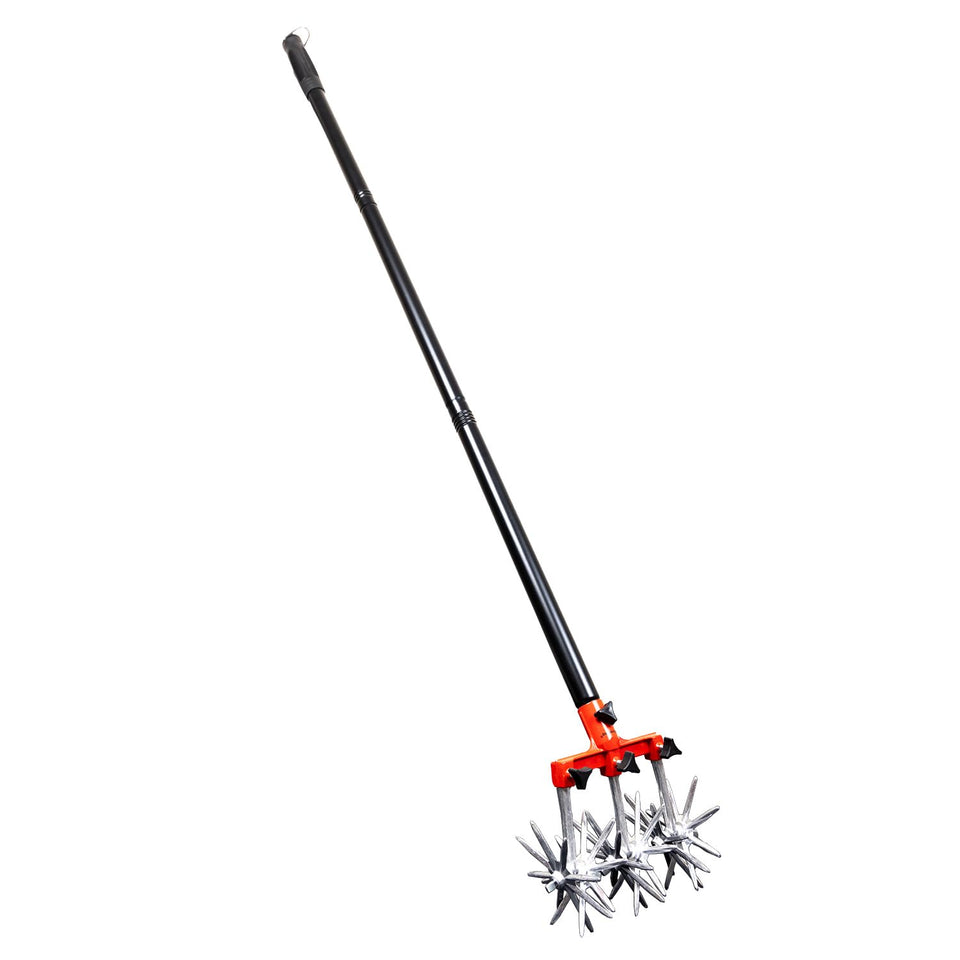 Kinedoo garden rotary cultivator with adjustable handle for easy soil turning and aeration.