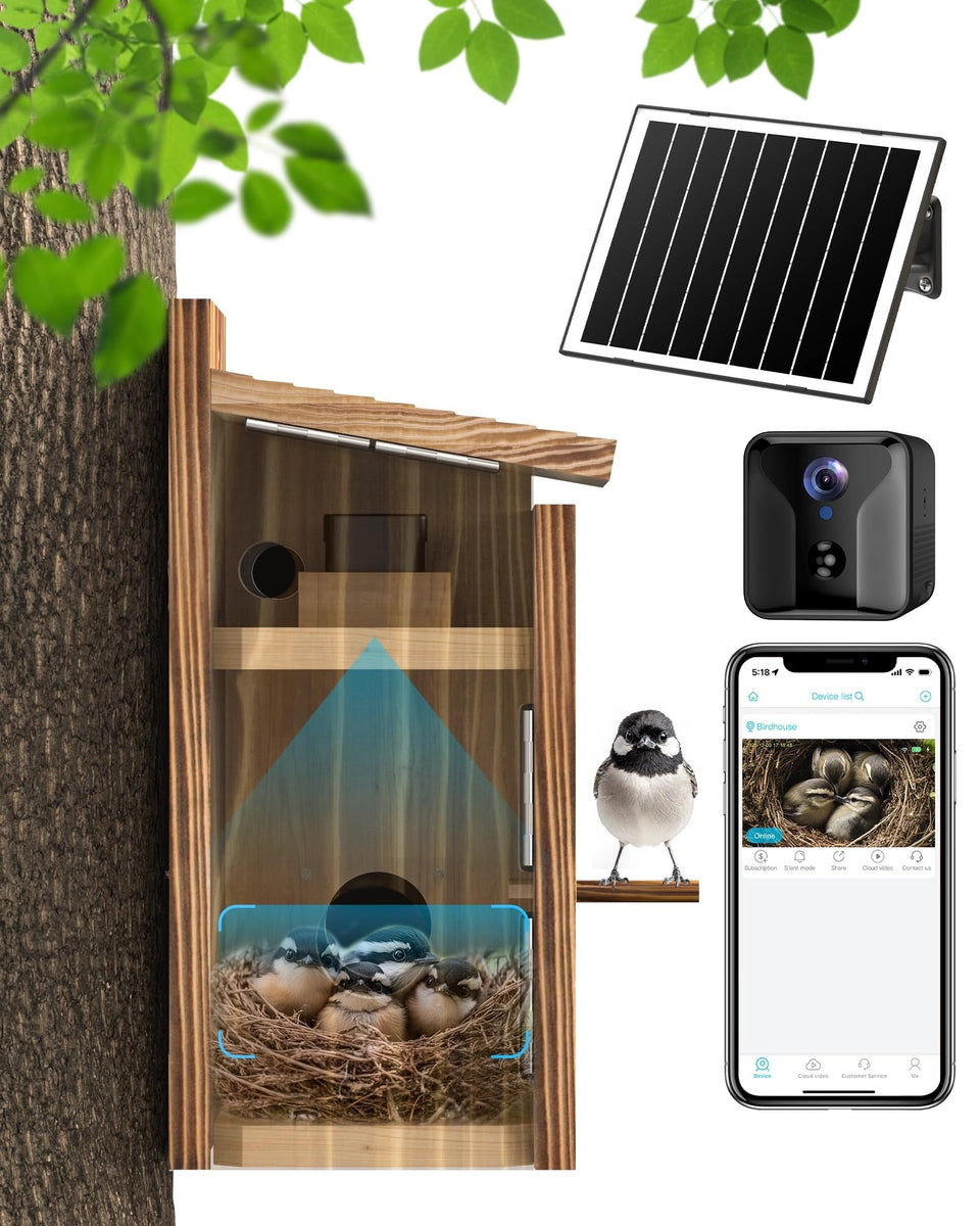 KinetCam birdhouse with camera compartment showing easy adjustments without disturbing nesting birds.