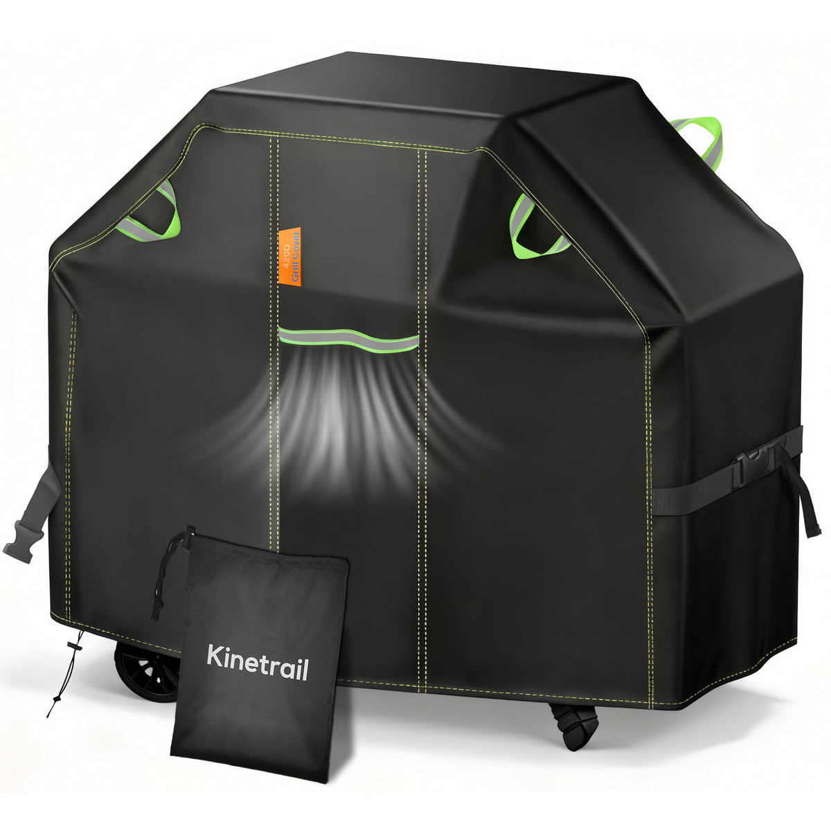 Kinetrail 58-inch grill cover protecting a grill from rain and sun with rugged 420D fabric.