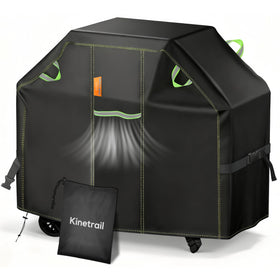 Kinetrail 58-inch grill cover protecting a grill from rain and sun with rugged 420D fabric.