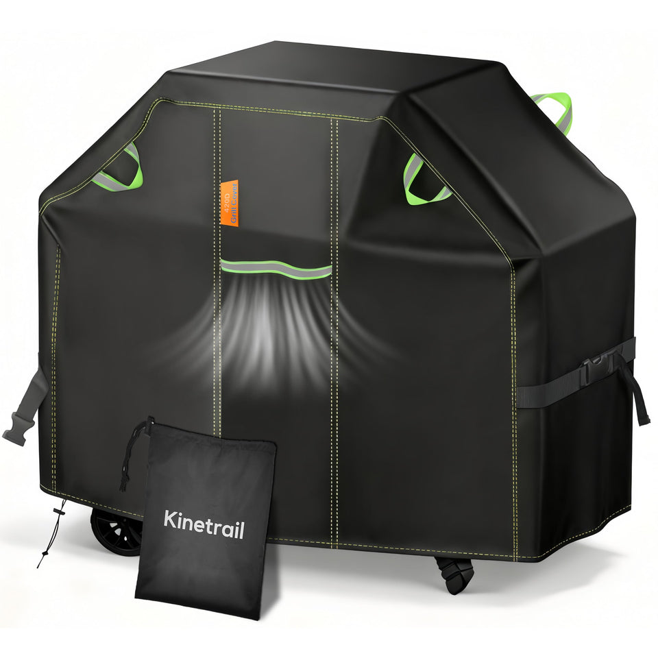 Kinetrail 58-inch grill cover protecting a grill from rain and sun with rugged 420D fabric.