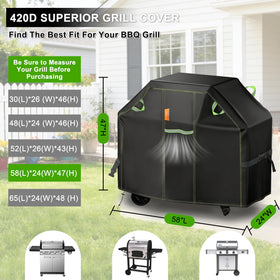 Kinetrail grill cover viewed from the side showing secure strap for a snug fit.