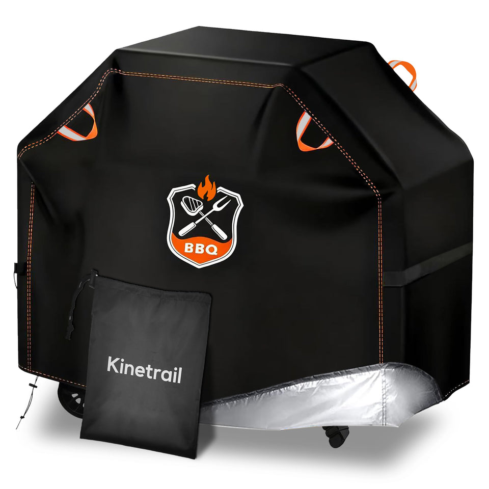 Kinetrail 58-inch grill cover on a grill, protecting against rain and sun.
