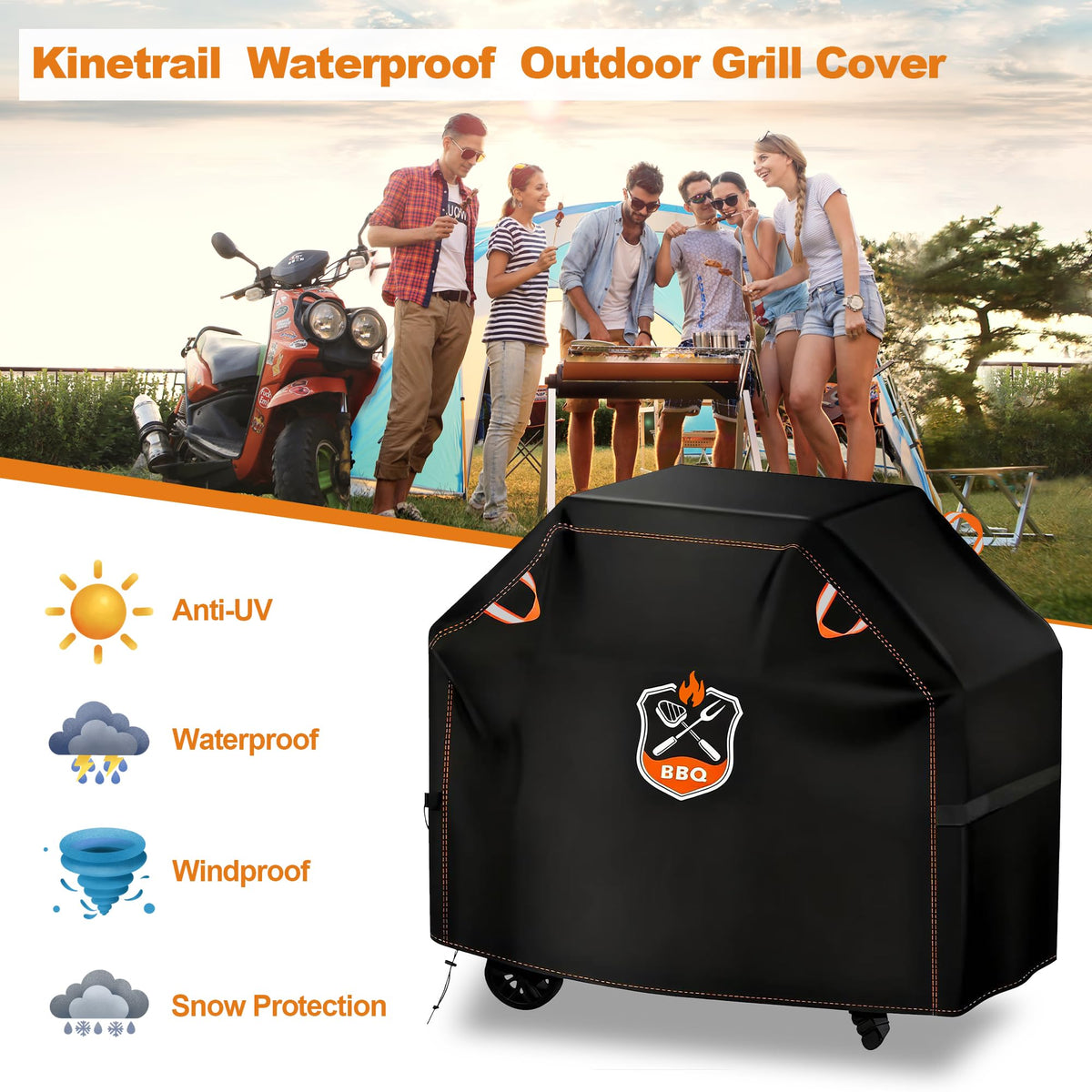 Kinetrail grill cover on Weber shows universal compatibility.