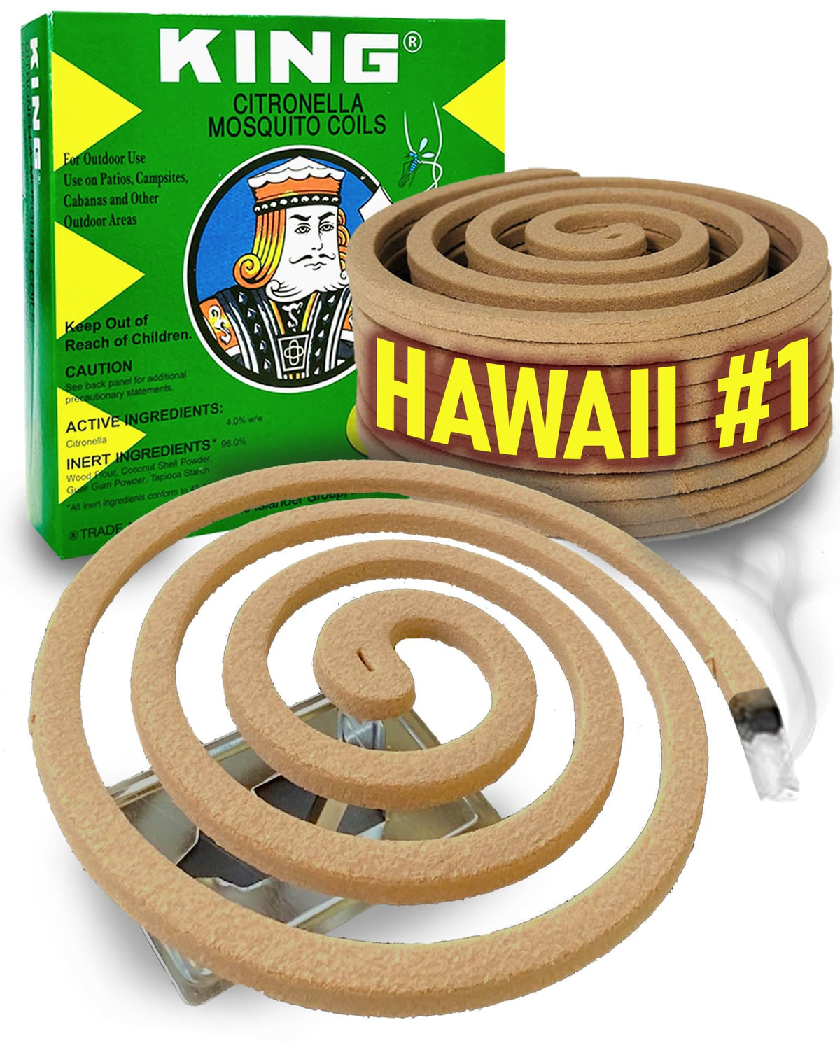 King Mosquito Coils with metal stand for outdoor protection.