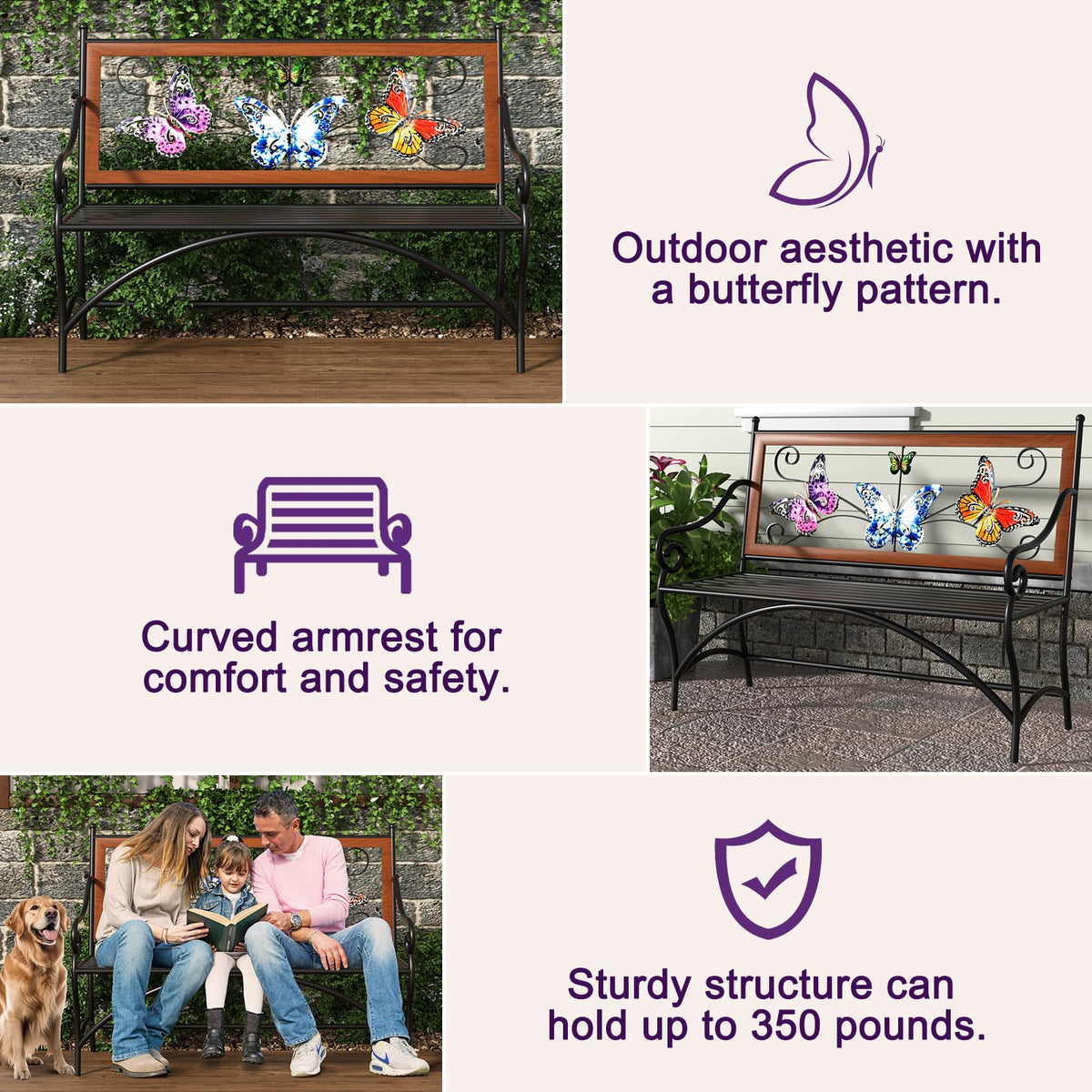 KINGBO bench features a cast-iron frame and solid wood seat for durability.