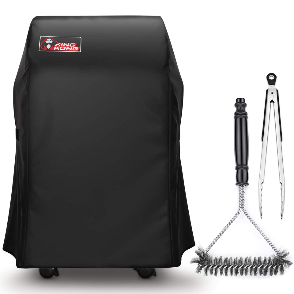 Kingkong 7105 grill cover front view protects Weber Spirit 210 from sun and rain.