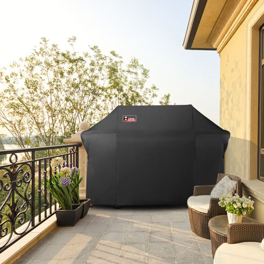Kingkong 7109 premium grill cover in use with brush and tongs for quick cleanup