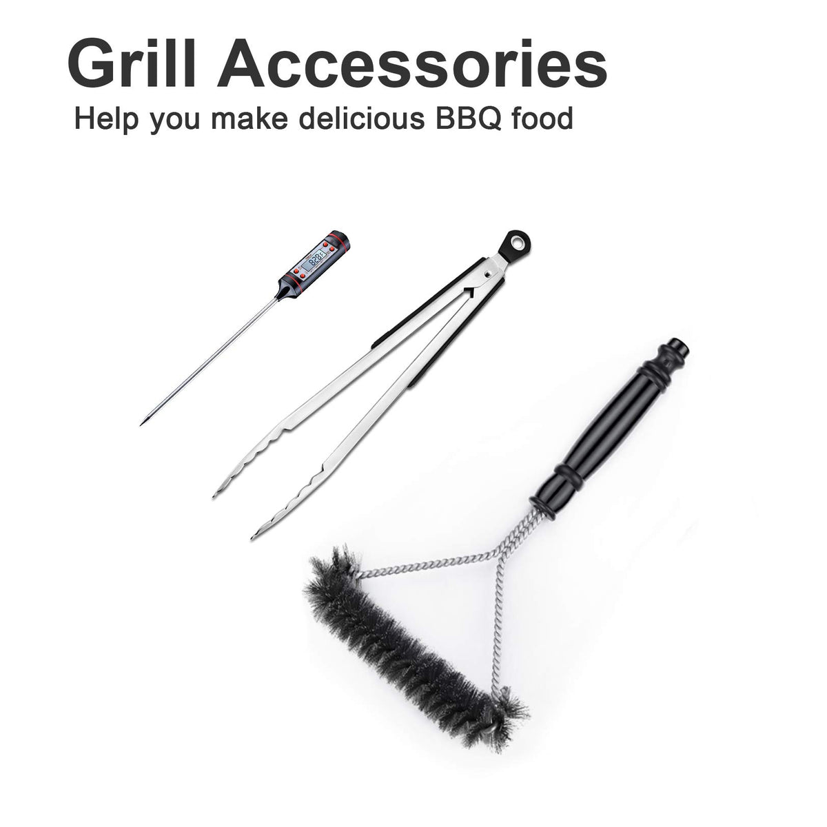 Kingkong 7131 includes brush, tongs, and thermometer for convenient grilling prep