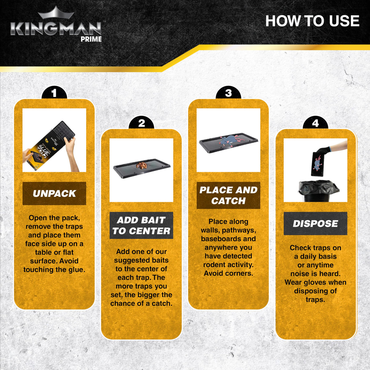 Kingman Prime large glue trap in kitchen setting for rodent control.