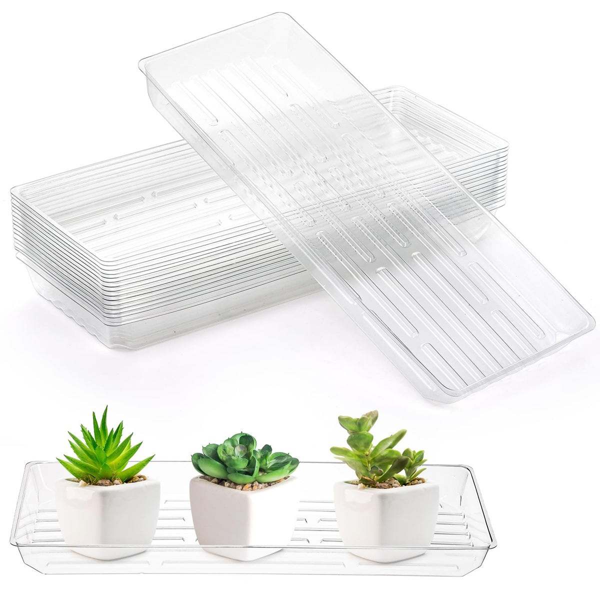 Kingrol clear rectangular plant saucer top view protects surfaces while keeping plants in focus