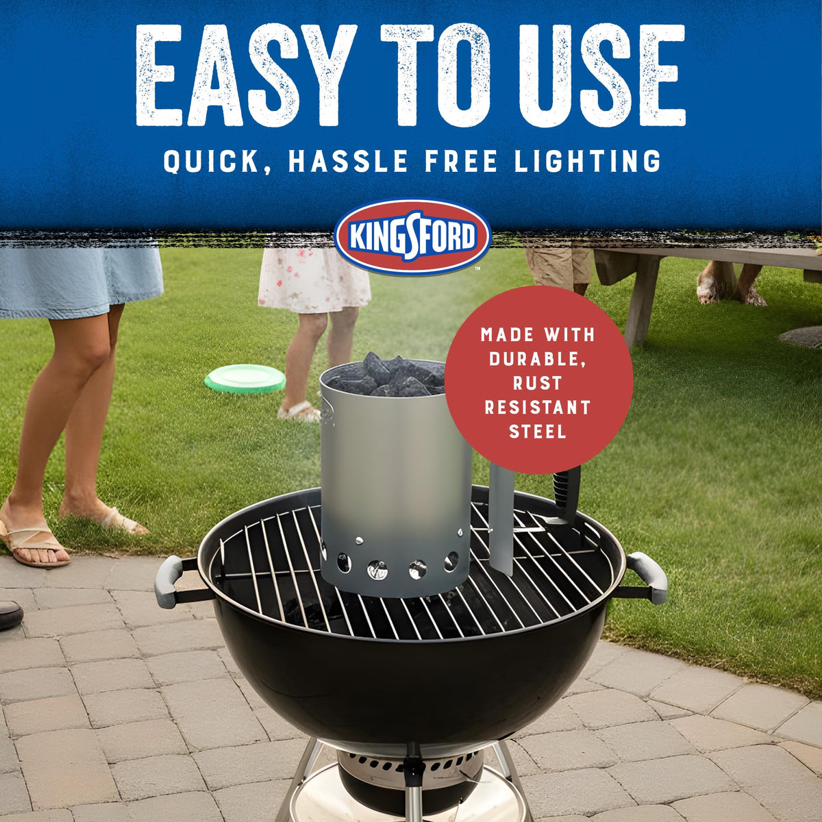 Kingsford Compact Starter heat shield protects hands during charcoal ignition.