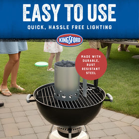 Kingsford Compact Starter heat shield protects hands during charcoal ignition.