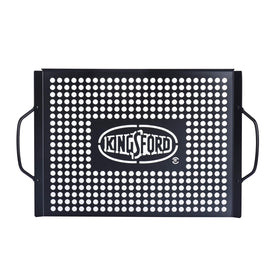 Kingsford grill topper with perforated surface keeps small foods contained on the grill.