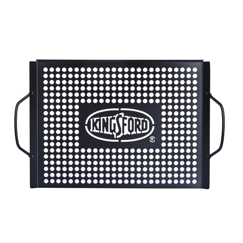 Kingsford grill topper with perforated surface keeps small foods contained on the grill.