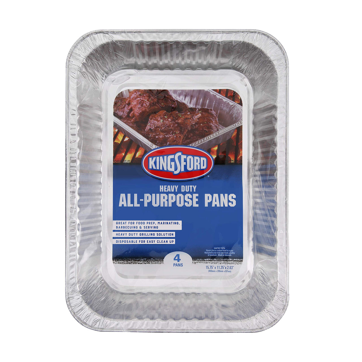 Kingsford heavy-duty aluminum pan with deep interior for casseroles and roasts.