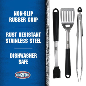 Kingsford outdoor cooking setup featuring rust-resistant metal tools