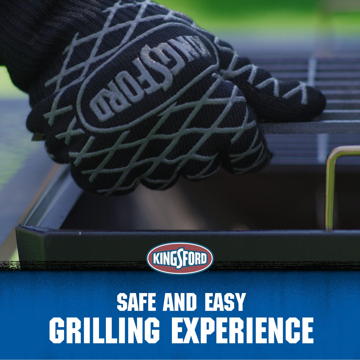 Kingsford silicone grip texture on gloves provides non-slip handling.